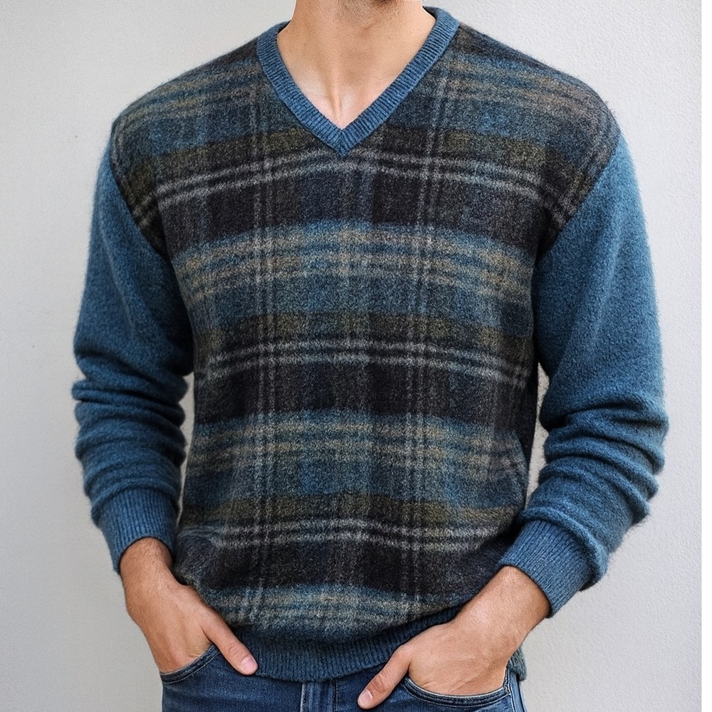 Vintage Brent 70s VNeck Blue Plaid Wool Mohair Shag Sweater Men L Preppy Grunge